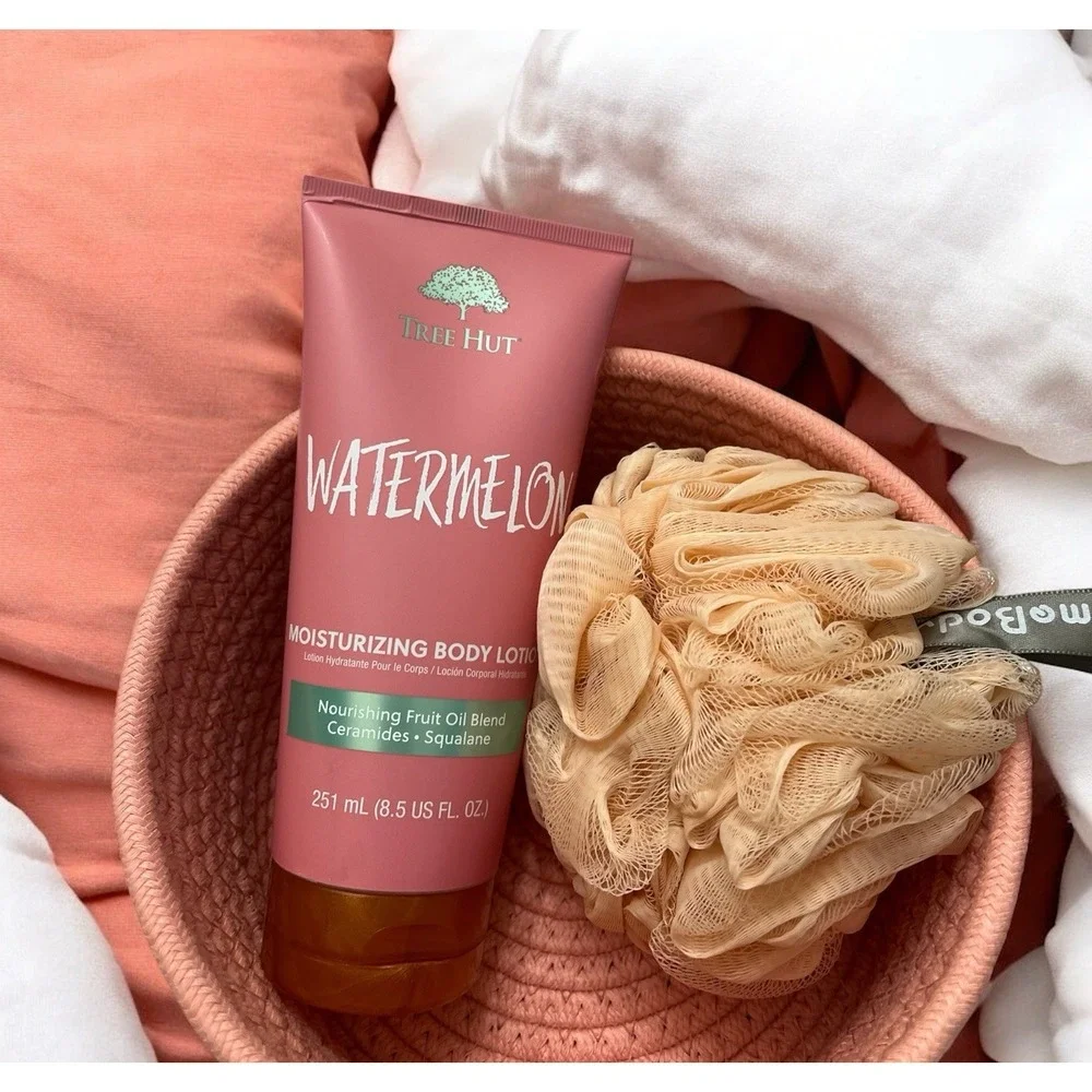Spa Peach Watermelon Body Lotion My Home Body Shower Loofah Puff Gift Basket NEW